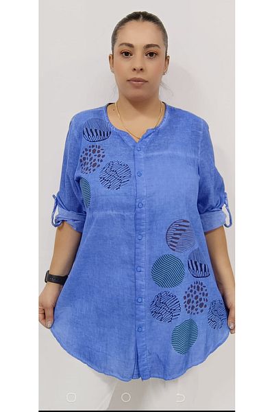 AKŞEN GİYİM LARGE SIZE WOMEN'S COTTON LINEN FABRIC GEOMETRIC PATTERNED FOLDED SLEEVE AUTHENTIC TUNIC