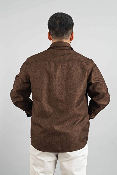 bombe Erkek Kahverengi Mevsimlik Casual Içi Scuba Kaplama Spor Kesim Mont Çıtçıtlı Ceket Gömlek