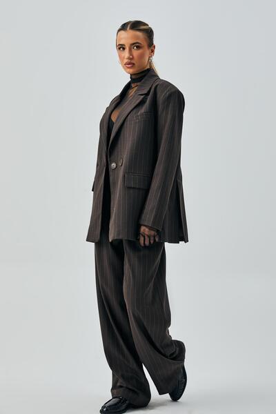 minaaise Γυναικείο μπουφάν σακάκι με κουμπιά πέτο με διπλό στήθος ριγέ πολυβίσκο από μαλλί καφέ 28076