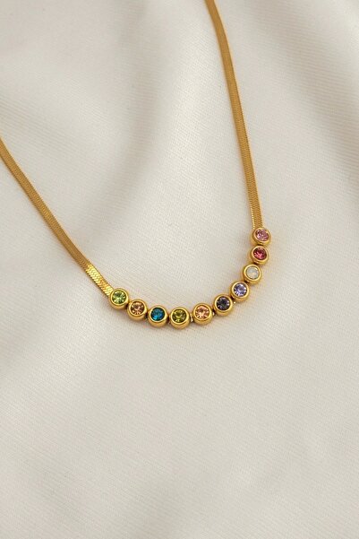 Mrs Flower Kadın Italyan Yassı Renkli Baget Taşlı Çelik Kolye