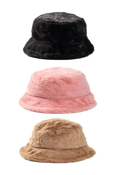 derikem 3 Pieces Stylish Plush Bucket - Fisherman Bucket Winter Hat Set of 3
