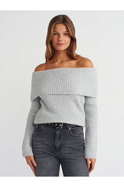 Dilvin 10649 Bardot Yaka Fitilli Triko Kazak-Gri