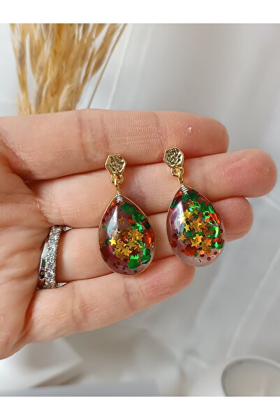 La fee aksesuar Şeffaf glitter detay kalp / damla küpe - yeni yıl - yılbaşı p...