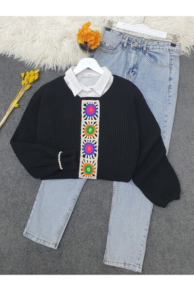 Modamorfo Πλεκτό κέντημα με σχέδιο Crop πουλόβερ -μαύρο