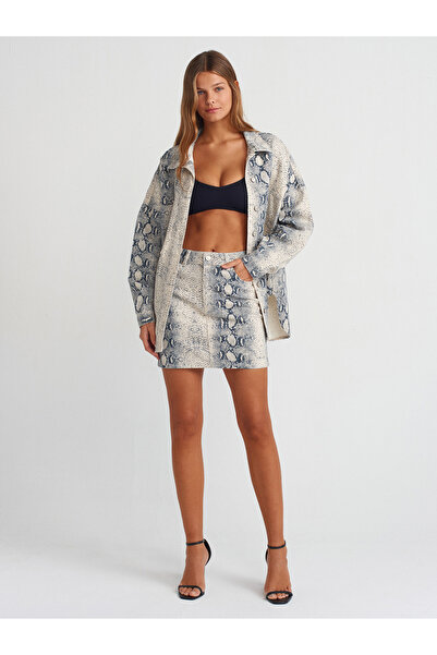 Dilvin 80572 Yılan Baskılı Mini Denim Etek-ekru