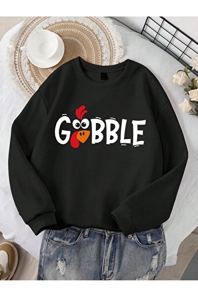 LAVİTTA سويت شيرت نسائي GOBBLE مطبوع عليه هودي مكون من خيطين من القماش المضغو...