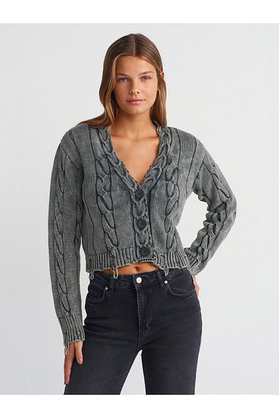 Dilvin 60263 Pale Effect Buttoned Ripped Detailed Knitwear Cardigan-Anthracite