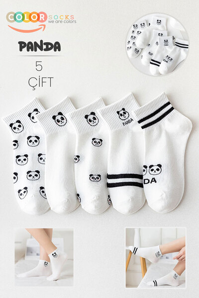 Color Socks Комплект от 5 чифта бели чорапи с шарка на панда за жени, тип „половина от колеж“