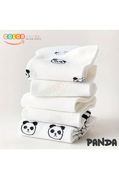 Color Socks Комплект от 5 чифта бели чорапи с шарка на панда за жени, тип „половина от колеж“