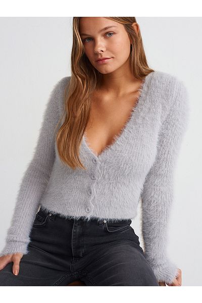Dilvin 60275 V-Neck Buttoned Soft Textured Shiny Knitwear Cardigan-Grey