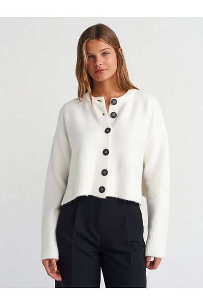 Dilvin 60280 Stand Collar Buttoned Soft Textured Slit Knitwear Cardigan-Ecru