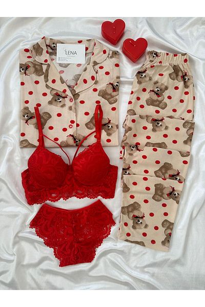 Lena Homewears Buttoned Suede Pajama Set with Powder Lingerie and Teddy Bear Pattern