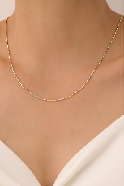 Agora Silver Veelka 14 Ayar Renkli Mineli Altın Kolye, Mineli Altın Kolye, Mineli Altın Zincir, 14 Ayar Zincir