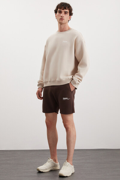 GRIMELANGE Ανδρικό φούτερ από οργανικό βαμβάκι με μαλακή εκτύπωση με λεπτομέρεια Crew Neck Fleece Inside Mink