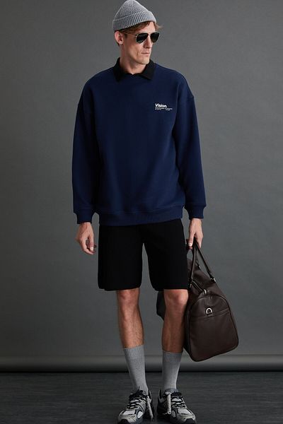 GRIMELANGE Hanorac pentru bărbați Ernest, moale, fleece, cu imprimeu detaliat, din bumbac organic, oversize, albastru bleumarin