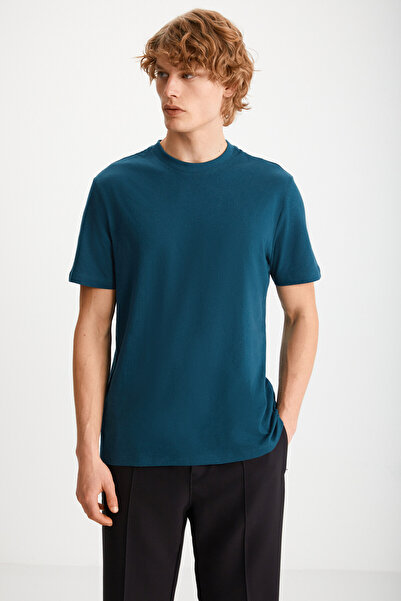 GRIMELANGE Mıchel Erkek Slim Fit Dar Kesim %100 Organik Pamuklu Yana Kayan Dikişli Basic Örme Petrol Mavisi T-