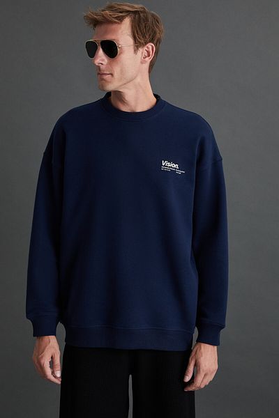 GRIMELANGE Hanorac pentru bărbați Ernest, moale, fleece, cu imprimeu detaliat, din bumbac organic, oversize, albastru bleumarin