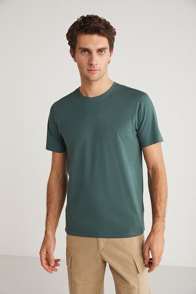 GRIMELANGE Mıchel Men's Green Slim Fit T-Shirt - 100% Organic Cotton, Side Sliding Stitching