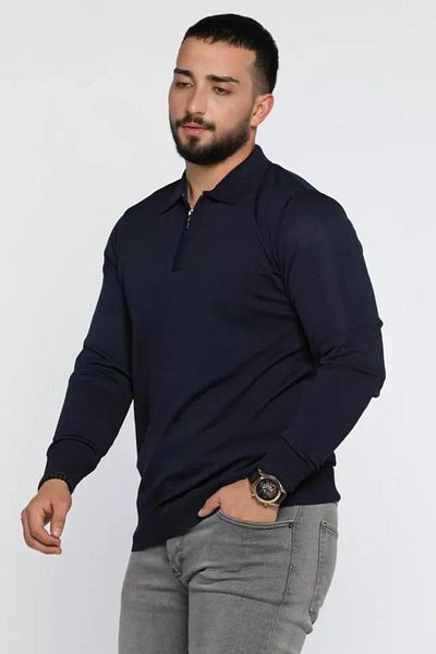 CLASSİCS MEN Slim Fit Ανδρικό πλεκτό πουλόβερ με γιακά πόλο με φερμουάρ-7030