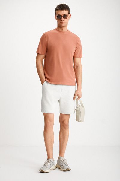 GRIMELANGE Mıchel Men's - Slim Fit Sliding Stitched 100% Organic Cotton Brick Color Basic T-Shirt
