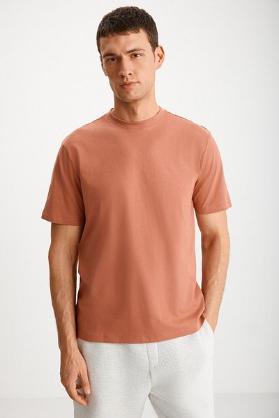 GRIMELANGE Mıchel Men's - Slim Fit Sliding Stitched 100% Organic Cotton Brick Color Basic T-Shirt