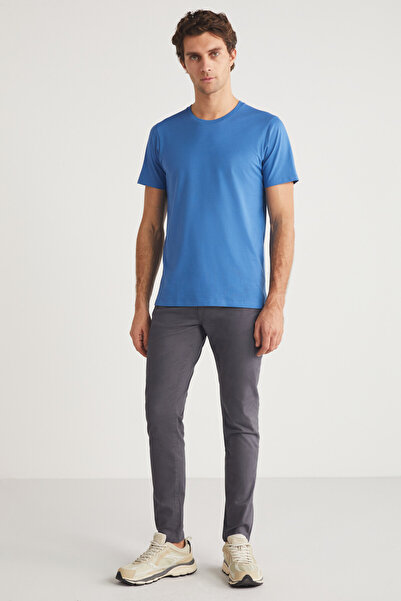 GRIMELANGE Mıchel Erkek Slim Fit Dar Kesim %100 Organik Pamuklu Yana Kayan Dikişli Basic Örme Mavi T-shirt