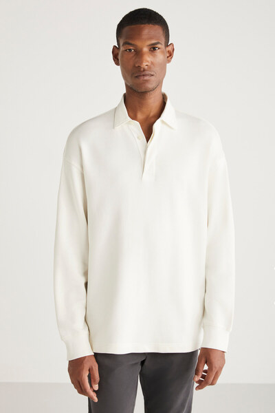 GRIMELANGE John férfi póló póló galléros hosszú hasíték a háton átlós szövet vanília pulóver