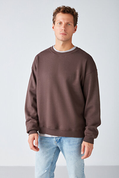 GRIMELANGE Stephan Erkek Yumuşacık Kumaşlı Organik Pamuklu Oversize Fit Yuvarlak Yakalı Kahverengi Sweatshirt