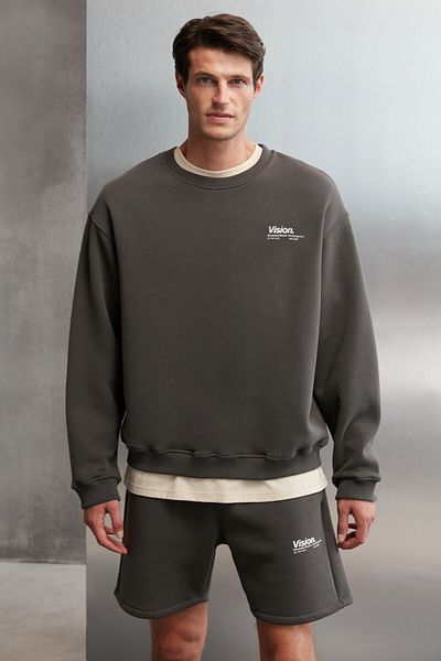 GRIMELANGE Pánská mikina Ernest z měkké látky Oversize Fit s kulatým límečkem a potištěnou šedou mikinou
