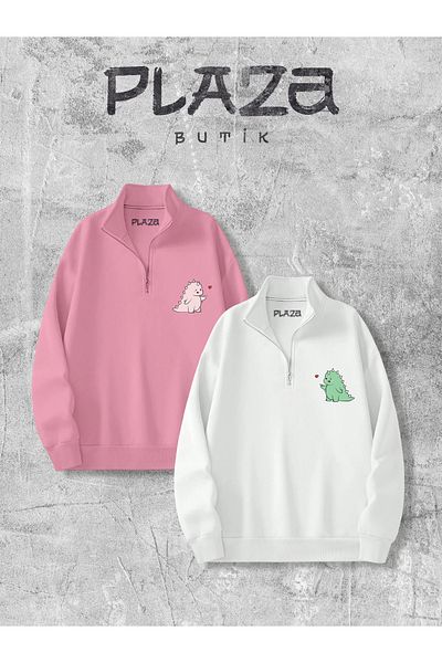 Plaza Butik Dino Printed Half Zipper Sweatshirt Lover Couple Sweatshirt Combination