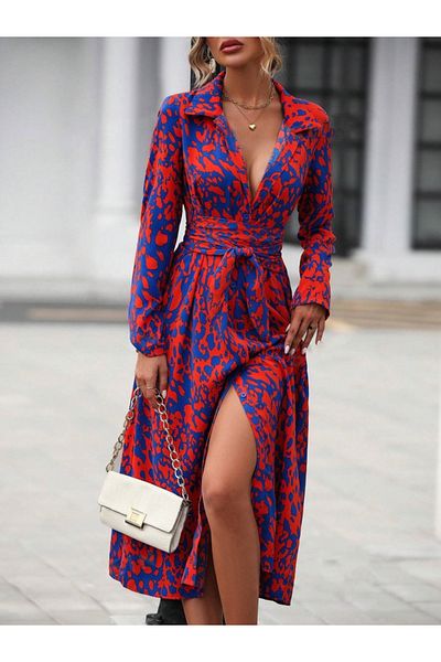 Moka Shopin Feminine Touch Women's Long Sleeve Neckline Front Button Waist Belted Long Single Jersey Dress