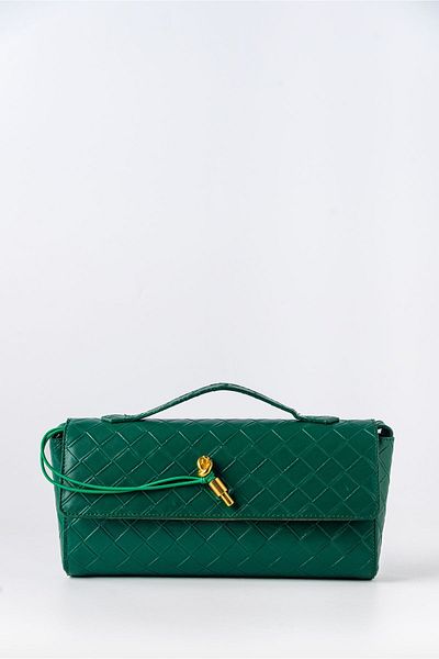 TECER Emerald Green Knitted Patterned - Lock Detailed Women's Crossbody and Clutch Bag