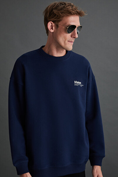 GRIMELANGE Ανδρικό φούτερ Ernest Soft Fleece Inside Print Λεπτομερές φούτερ από οργανικό βαμβάκι Oversize Navy Blue