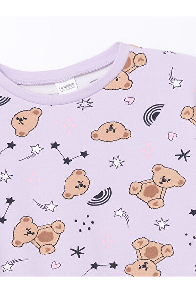 LC Waikiki Lilac Crew Neck Bear Teddy Printed Girls' Pajama Top