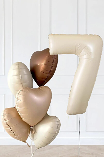 Öz-bal 7 Yaş Retro Bej Yaş Balonlu Latte Bej Kahve Kalpli Retro Doğum Günü Ya...