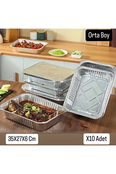 Metler Alüminyum Folyo Orta Boy Tepsi Folyo Tepsi (35X27X6 Cm )10 Adet