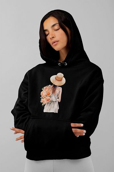 qoeuyl boutique Girl and Flowers Printed Unisex 3 Thread Raster 100% Cotton Hooded Sweatshirt Hoodie