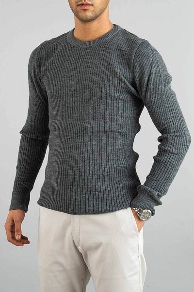 bombe Grauer Slim-Fit-Strickpullover aus Baumwolle mit Rundhalsausschnitt für Herren