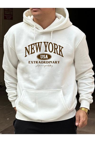 DEEPSENCE Ανδρικό φούτερ με κουκούλα σε λευκό Oversize - NEWYORK Printed