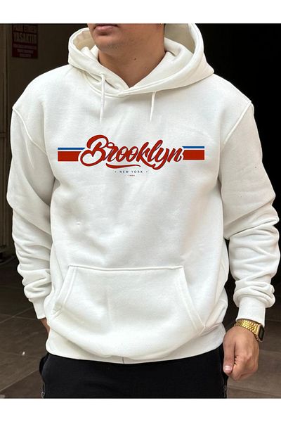 DEEPSENCE Ανδρικό φούτερ με κουκούλα σε λευκό Oversize - BROOKLYN Printed