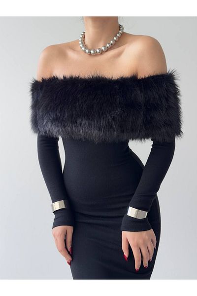 Julidress Rochie neagră, fără bretele, cu detalii cu pene, lungime midi premium