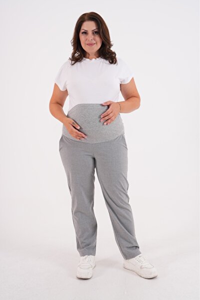 BIG LESSON Plus Size Maternity Mom Fit Gabardine Pants - Flexible, Abdominal Band and Waist Adjustable Gray