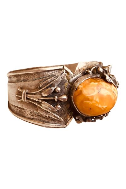 RENGARENG 19. yy ait kişiye özel yapılmış naturel damla kehribar taşlı antik kelepçe 53 gr