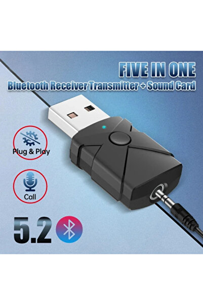 Vikefon Black 5 in 1 USB Bluetooth 5.2 Receiver Transmitter Wireless Audio Adapter Sound Card 3.5mm Aux Musi