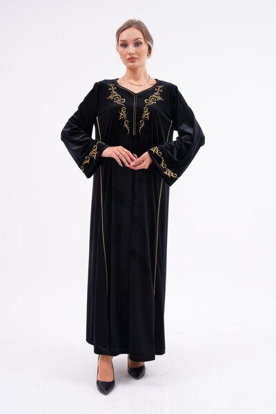 Eceyaman moda Copy - Women's Black Sleeves and Collar Yellow Embroidery Velvet Large Size Dress