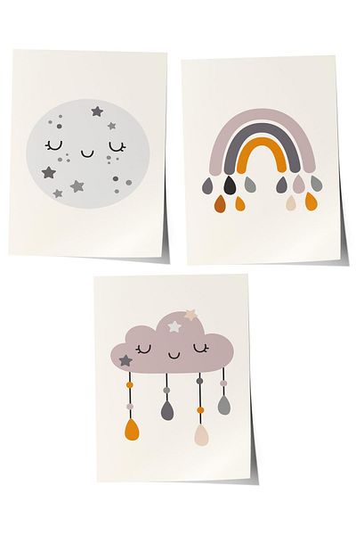 Postifull Set de 3 picturi pentru camera bebelușului, decor de perete pentru camera bebelușului, decor camera copiilor, poster fără cadru