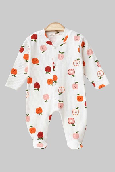 dinamik çocuk Newborn Baby Booties Jumpsuit Apple Patterned Trophy Fabric Thin Seasonal Jumpsuit with Straps 1-3-6 Months