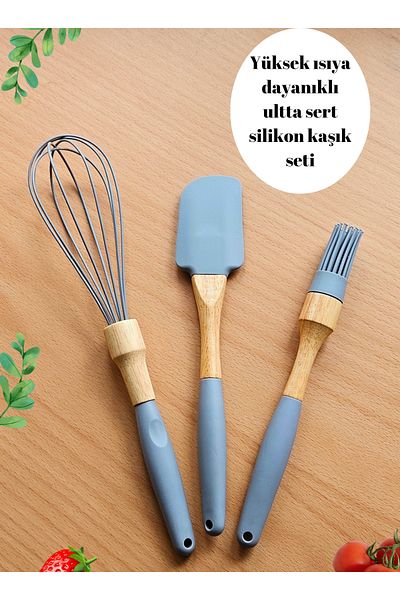 BRE HOME 3-Piece Ultra Lux Bamboo Handle Silicone Spatula Set - Beater and Egg Brush
