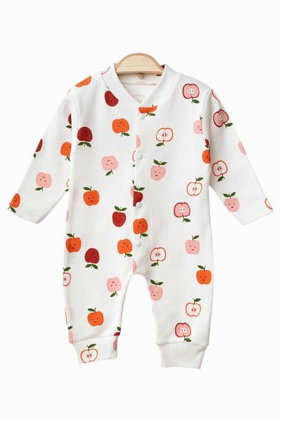 dinamik çocuk Apple Printed Stretchy Ribbed Baby Jumpsuit - 100% Cotton, 1-3-6 Months, Unisex