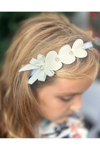 QUEEN AKSESUAR 3-Piece Special Design - Women's Crown with Stone Detail and Heart, White Cream